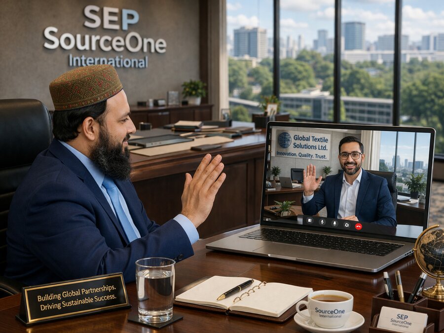 Founder of SEP SourceOne International on a video call with an international partner